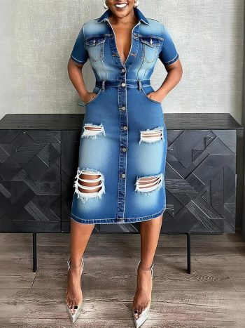 Women Casual Plain Ripped Shirt Collar Knee Length Denim Dress | Denim Dresses
